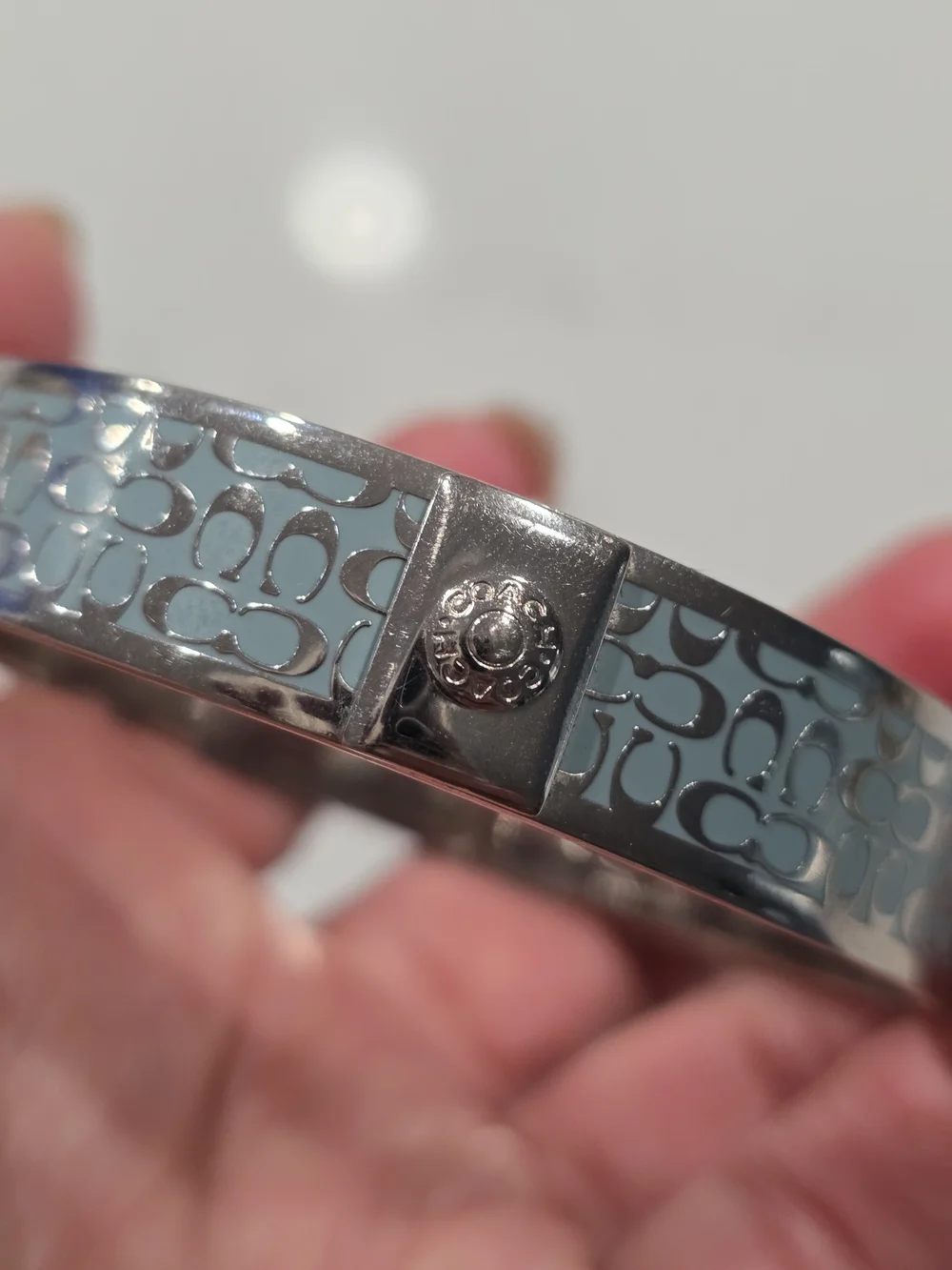 Coach Silver-Tone Signature C Bangle with Teal Accent